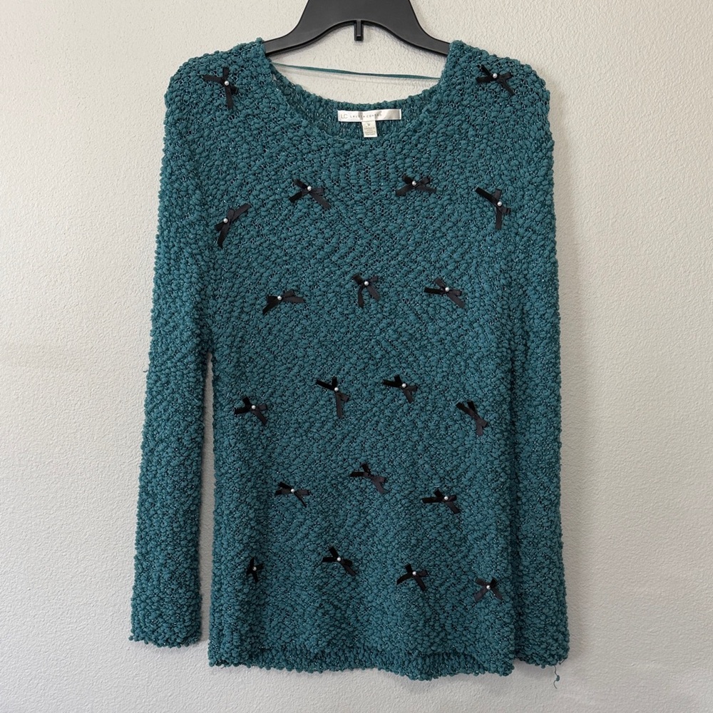 Lauren Conrad Chic Teal Sweater With Black Bows Women’s‎ Medium Chic Granny Core